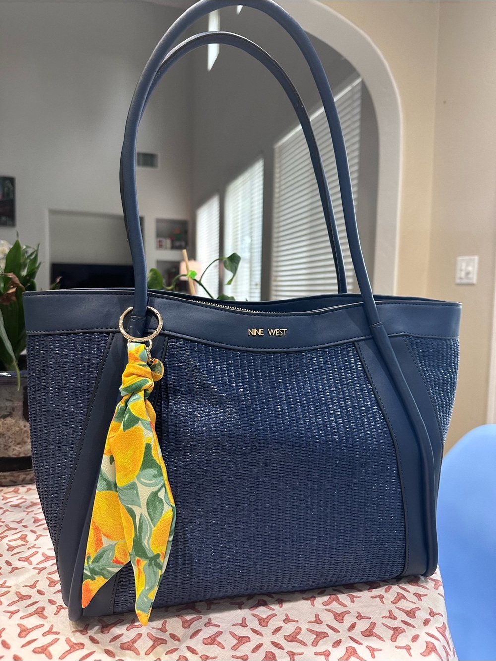 Nine West Navy Woven Tote with Lemon Scarf Accent
